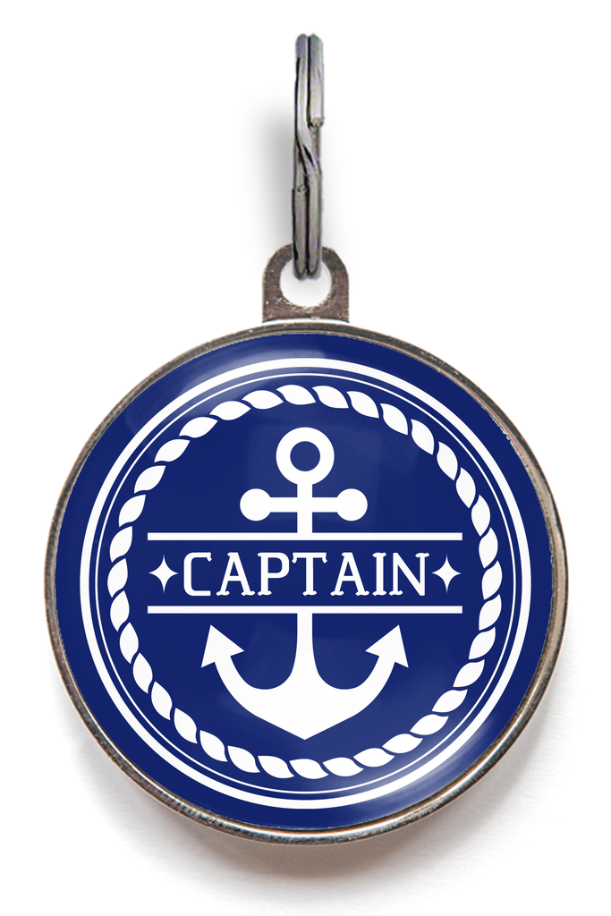 Anchor-themed pet tag with “Captain” text – nautical dog or cat name tag with white rope border on navy background
