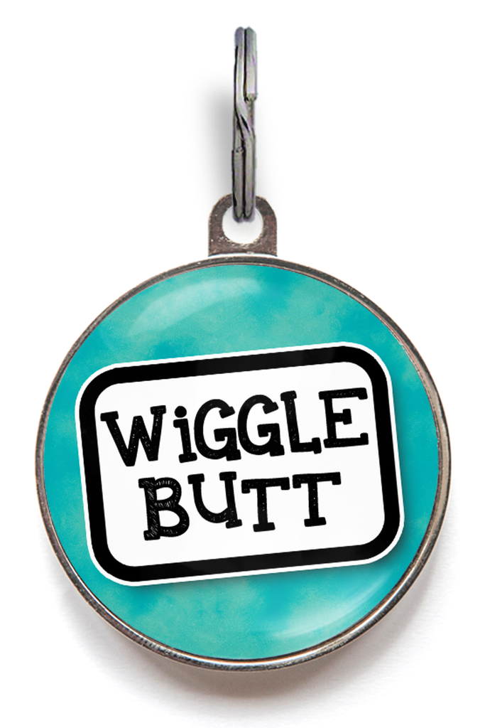 Wiggle butt dog tag personalised pet ID tag in aqua with funny text for dogs