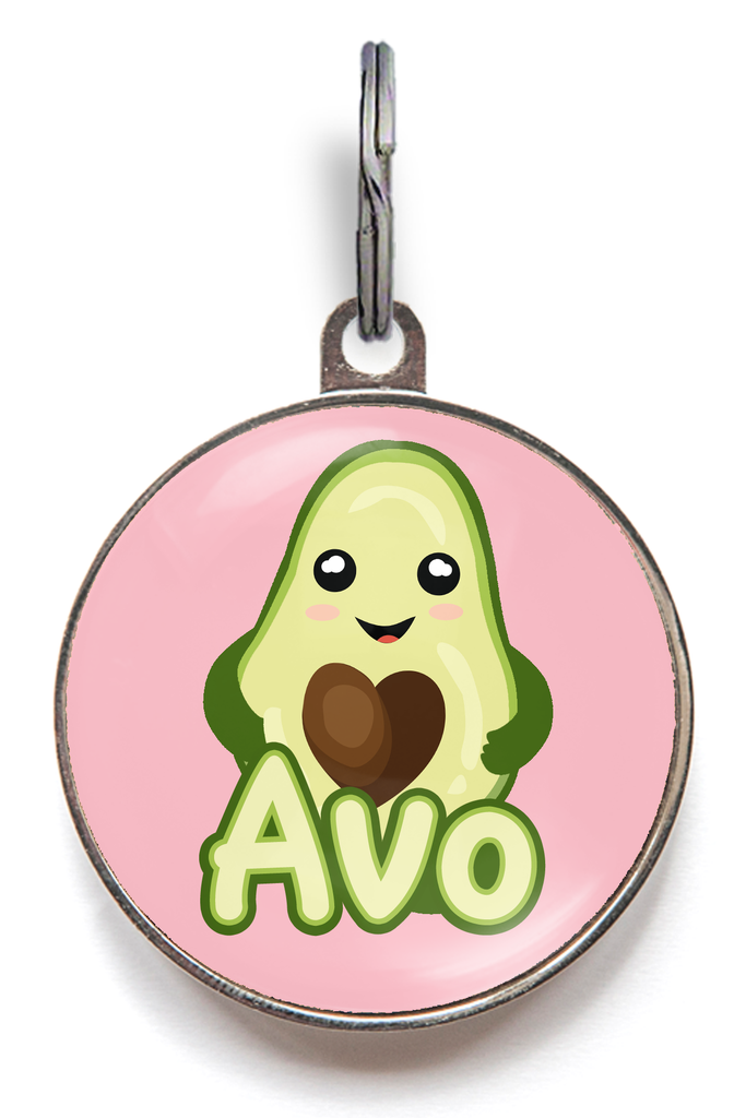 Avocado Pet ID Tag - Pink pet tag featuring a cute smiling avocado with heart shaped stone