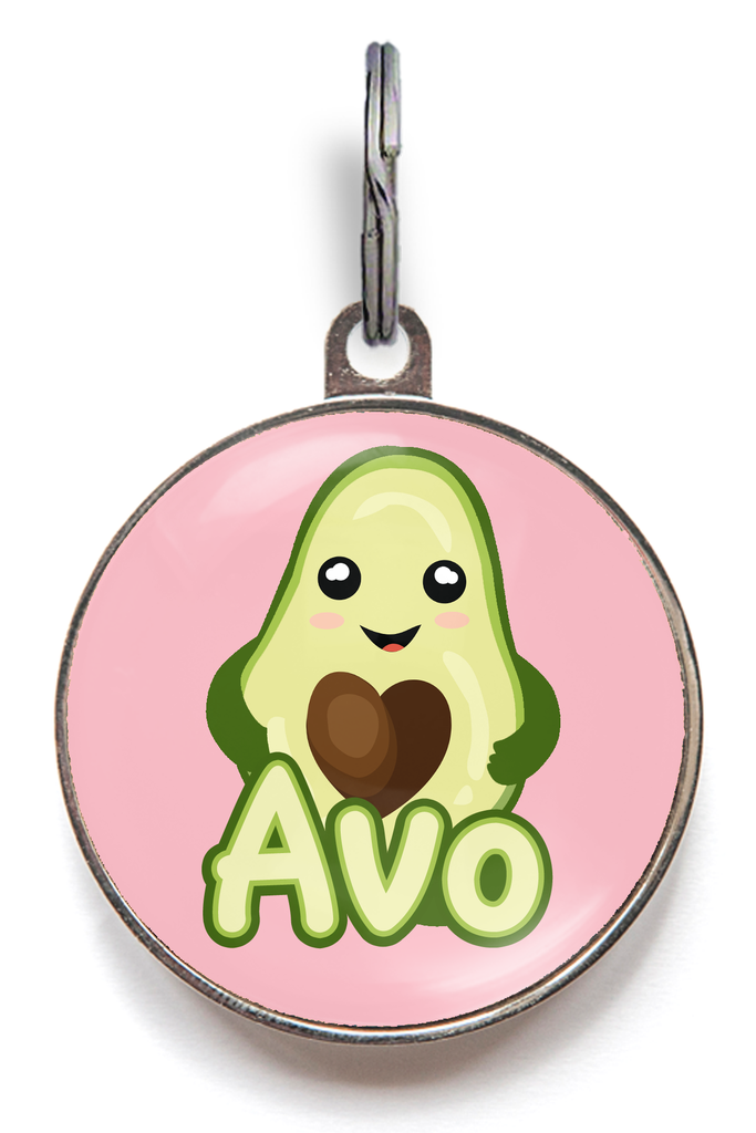 Avocado Pet ID Tag - Pink pet tag featuring a cute smiling avocado with heart shaped stone 
