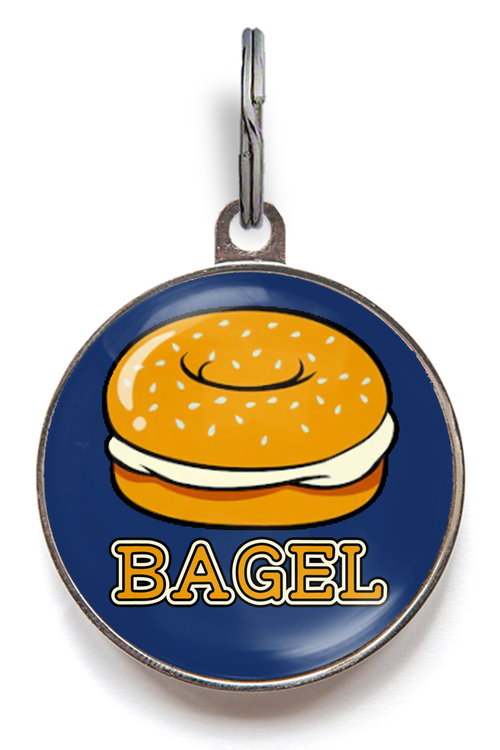 Bagel Dog Tag For Dogs and Cats - Featuring a cream cheese bagel on a colourful background