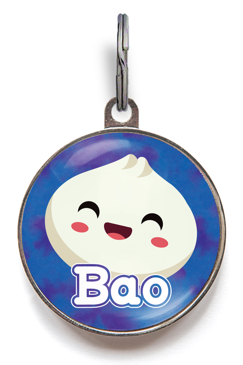 Bao Bun Name Tag - Cute smiling bao bun on a colourful blue background