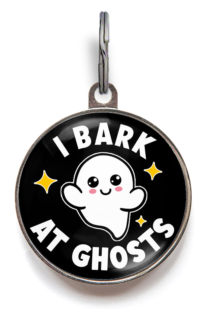 Funny Halloween dog ID tag with smiling ghost and text “I Bark at Ghosts”