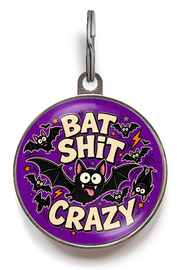 Bat Shit Crazy funny Halloween dog ID tag with cartoon bats