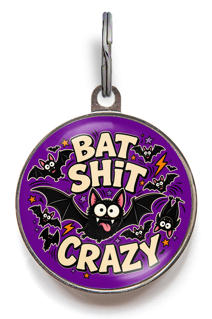 Bat Shit Crazy funny Halloween dog ID tag with cartoon bats