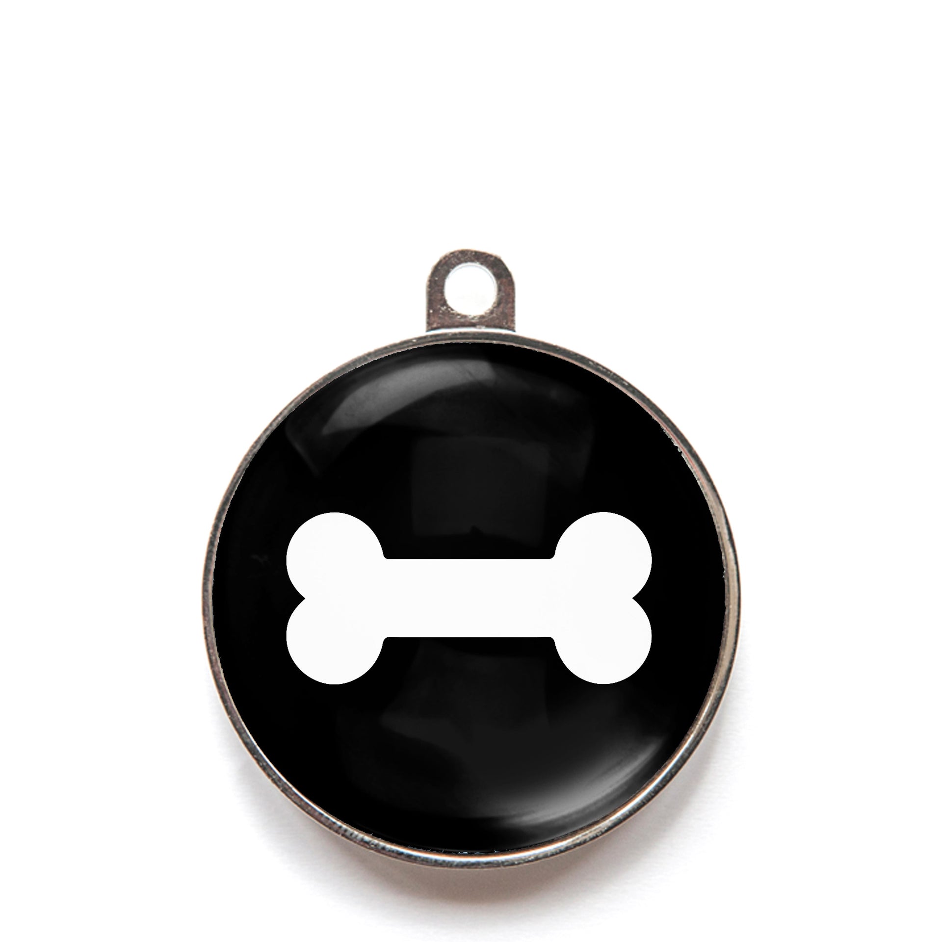 Black classic bone dog ID tag with white bone icon
