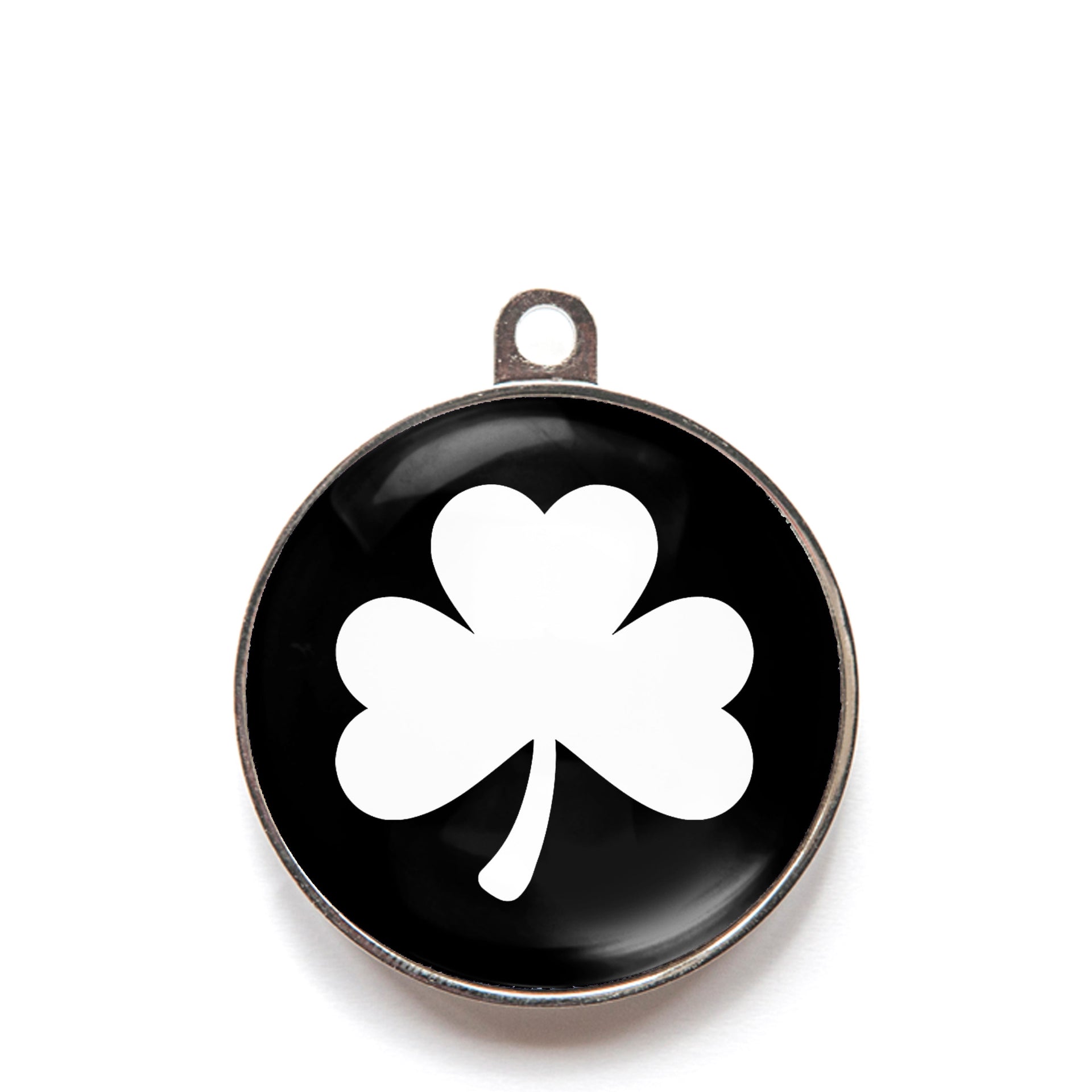 Black classic clover dog ID tag with white shamrock icon