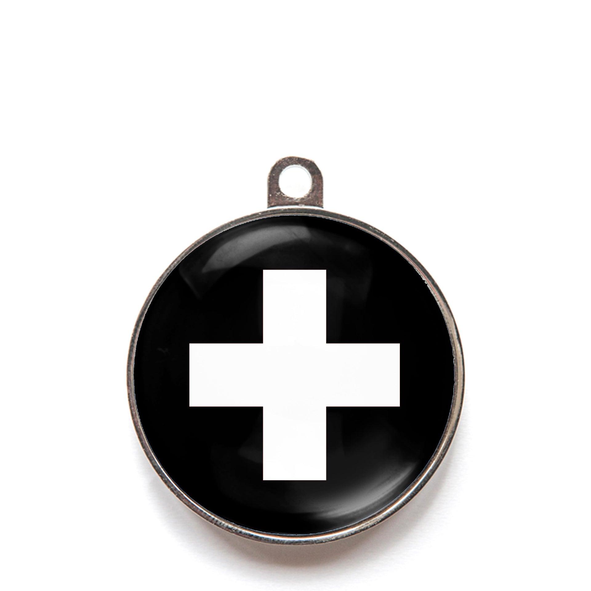 Black classic cross dog ID tag with white medical-style cross icon