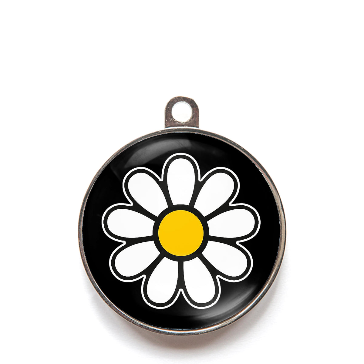 Black daisy dog ID tag with white flower icon