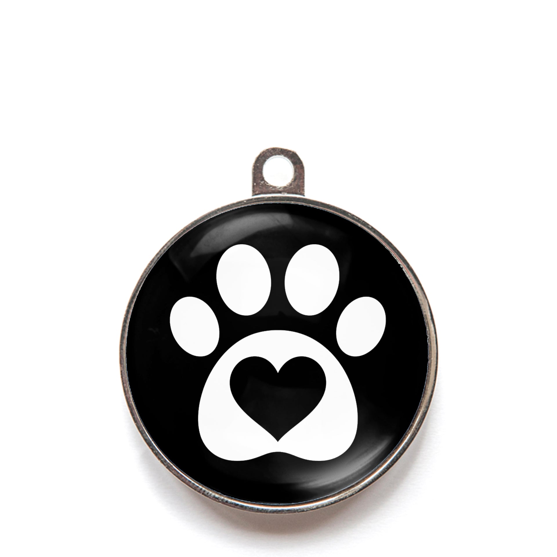 Black heart paw dog ID tag with white paw print and heart icon