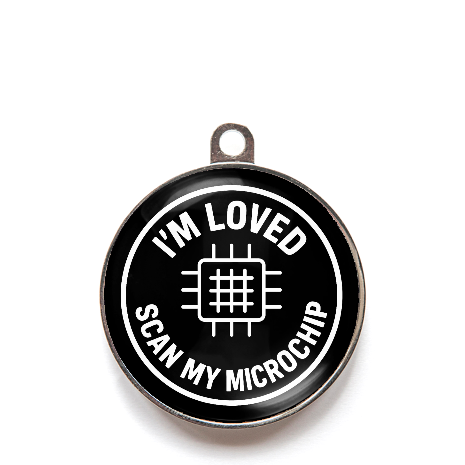 Black “I’m Loved – Scan My Microchip” personalised pet ID tag