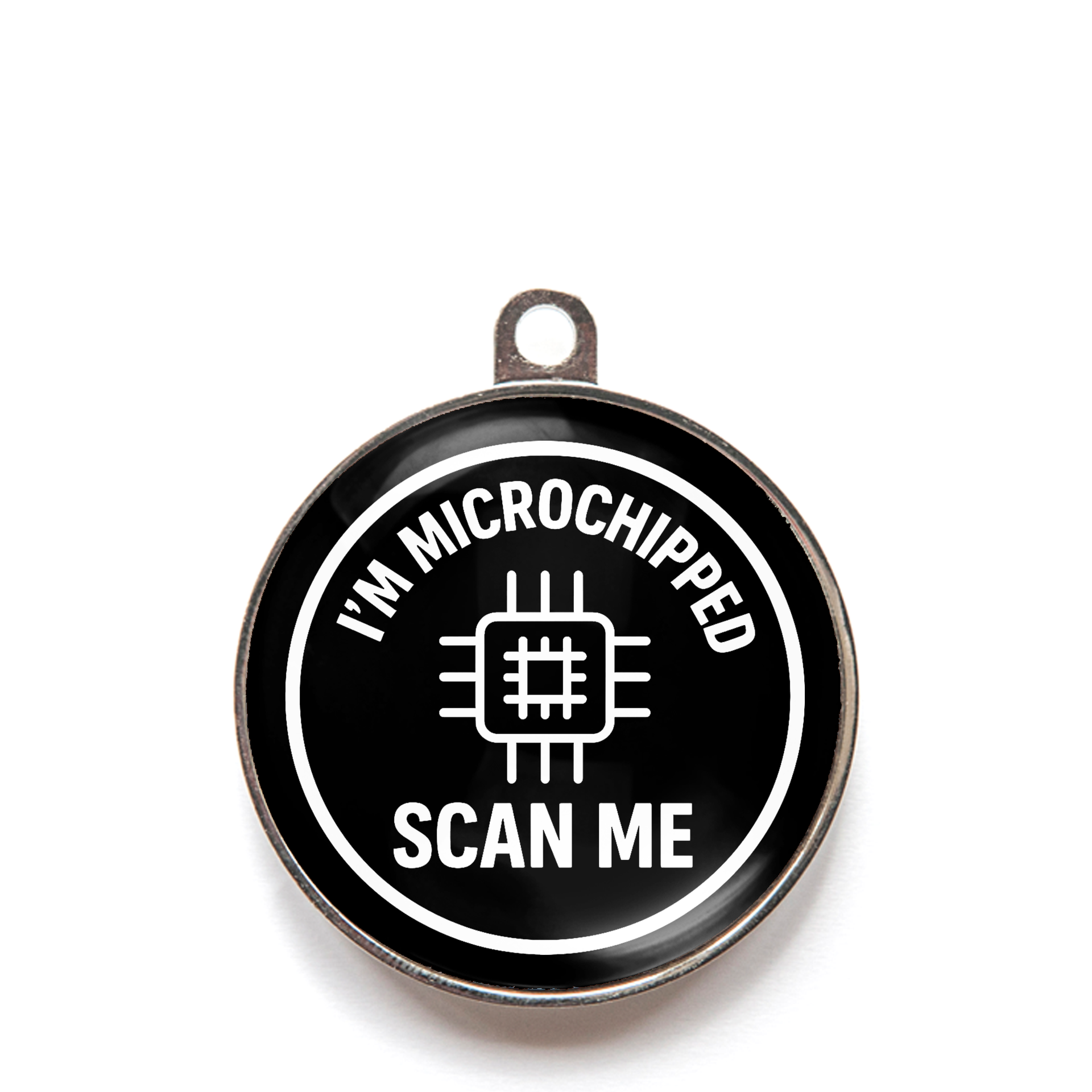 Black I’m microchipped scan me dog ID tag with chip icon