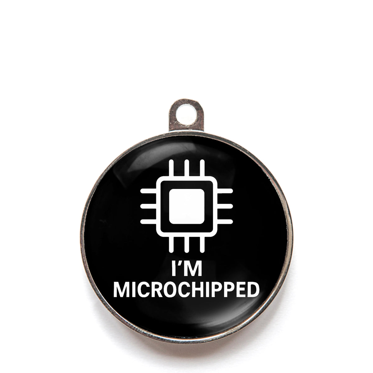Black I’m microchipped dog ID tag with chip icon