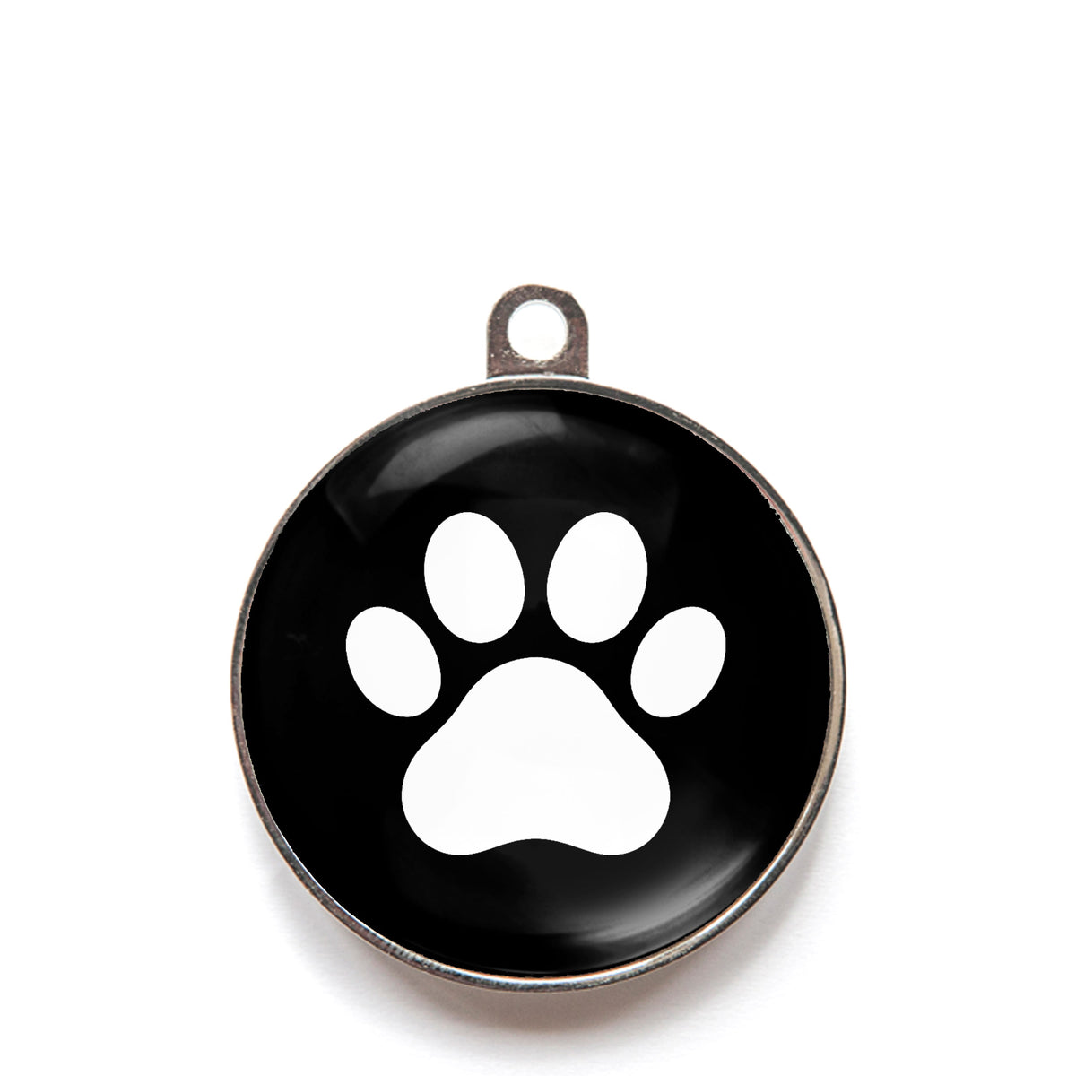 Black paw print dog ID tag with white paw icon