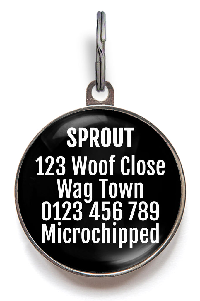 Back of black sparkle pet ID tag