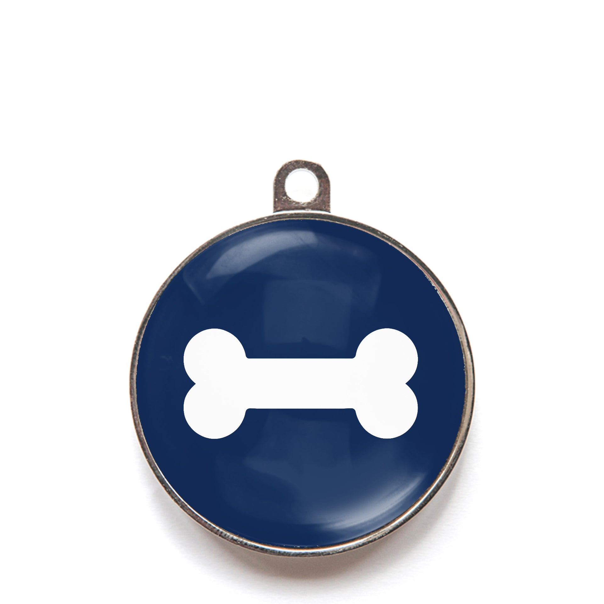 Blue classic bone dog ID tag with white bone icon