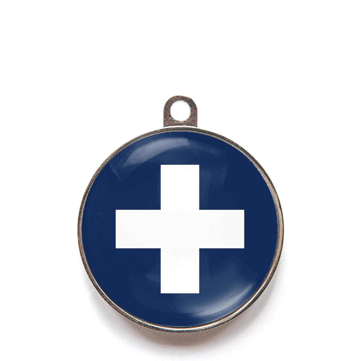 Blue classic cross dog ID tag with white medical-style cross icon