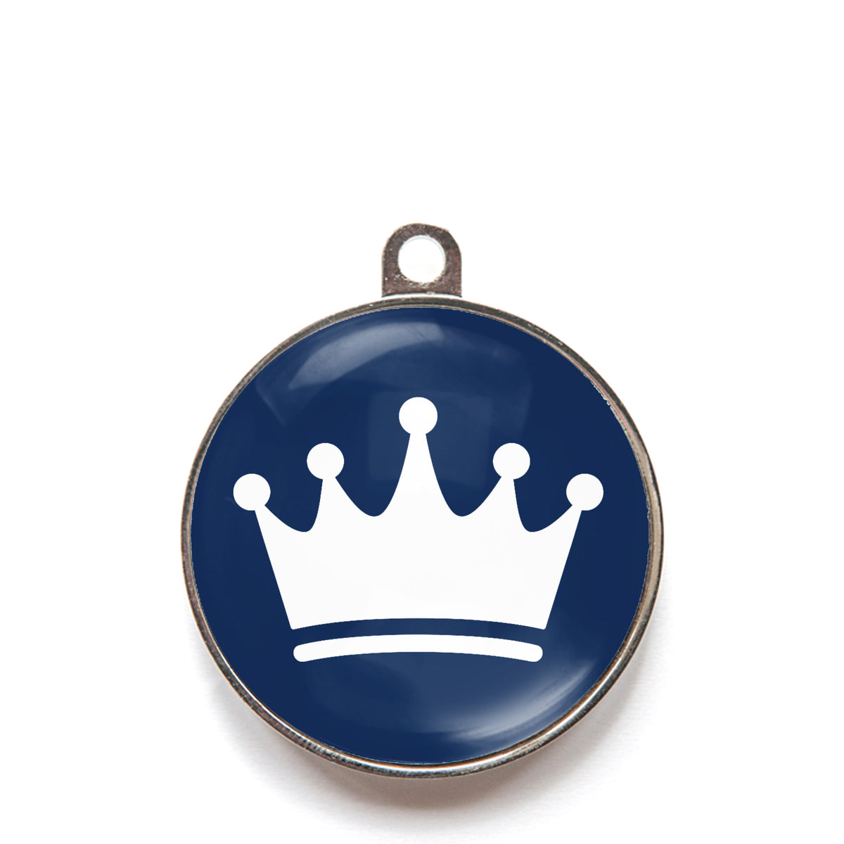 Blue princess crown dog ID tag with white crown icon