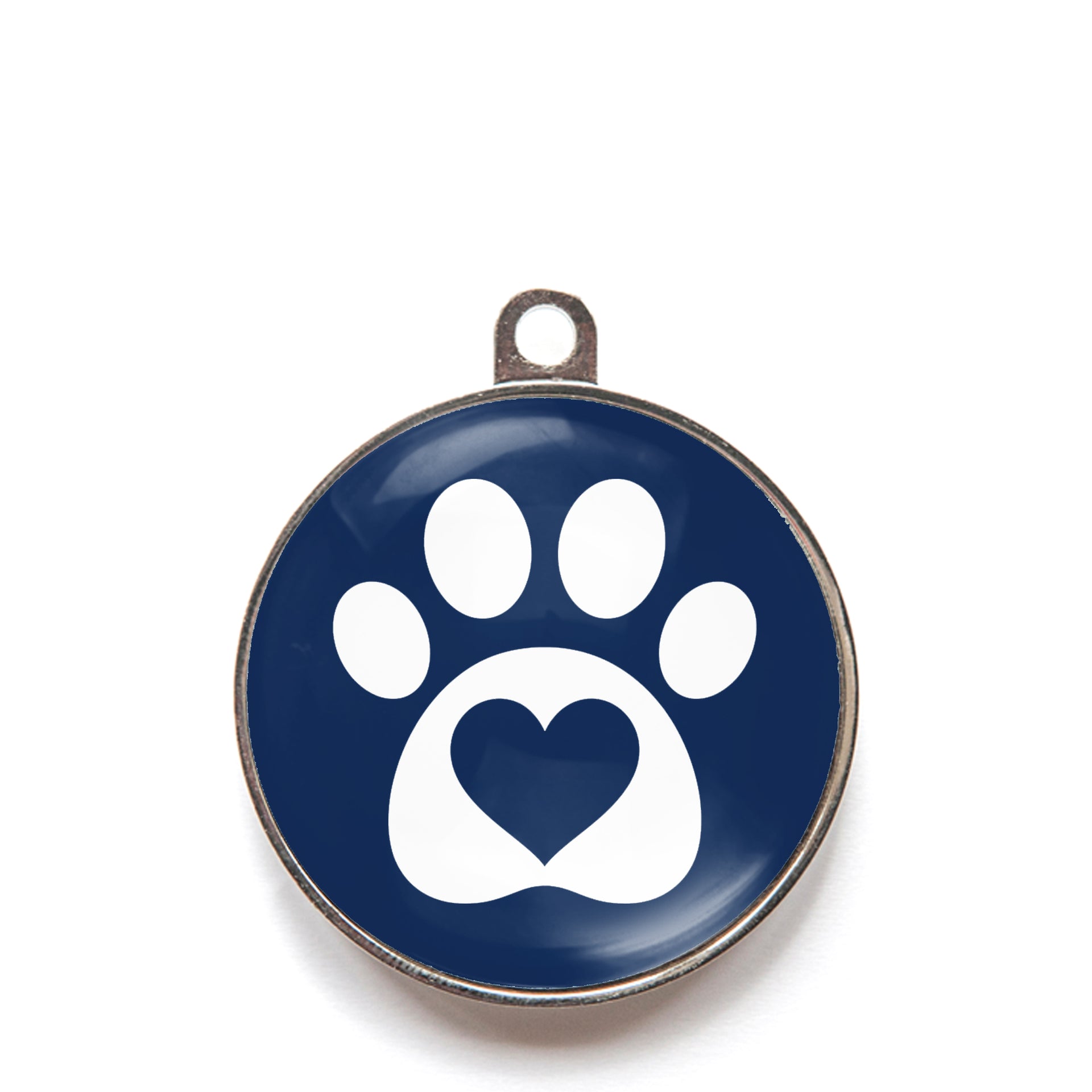 Blue heart paw dog ID tag with white paw print and heart icon