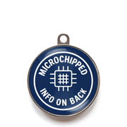 Blue microchipped info on back dog ID tag with chip icon