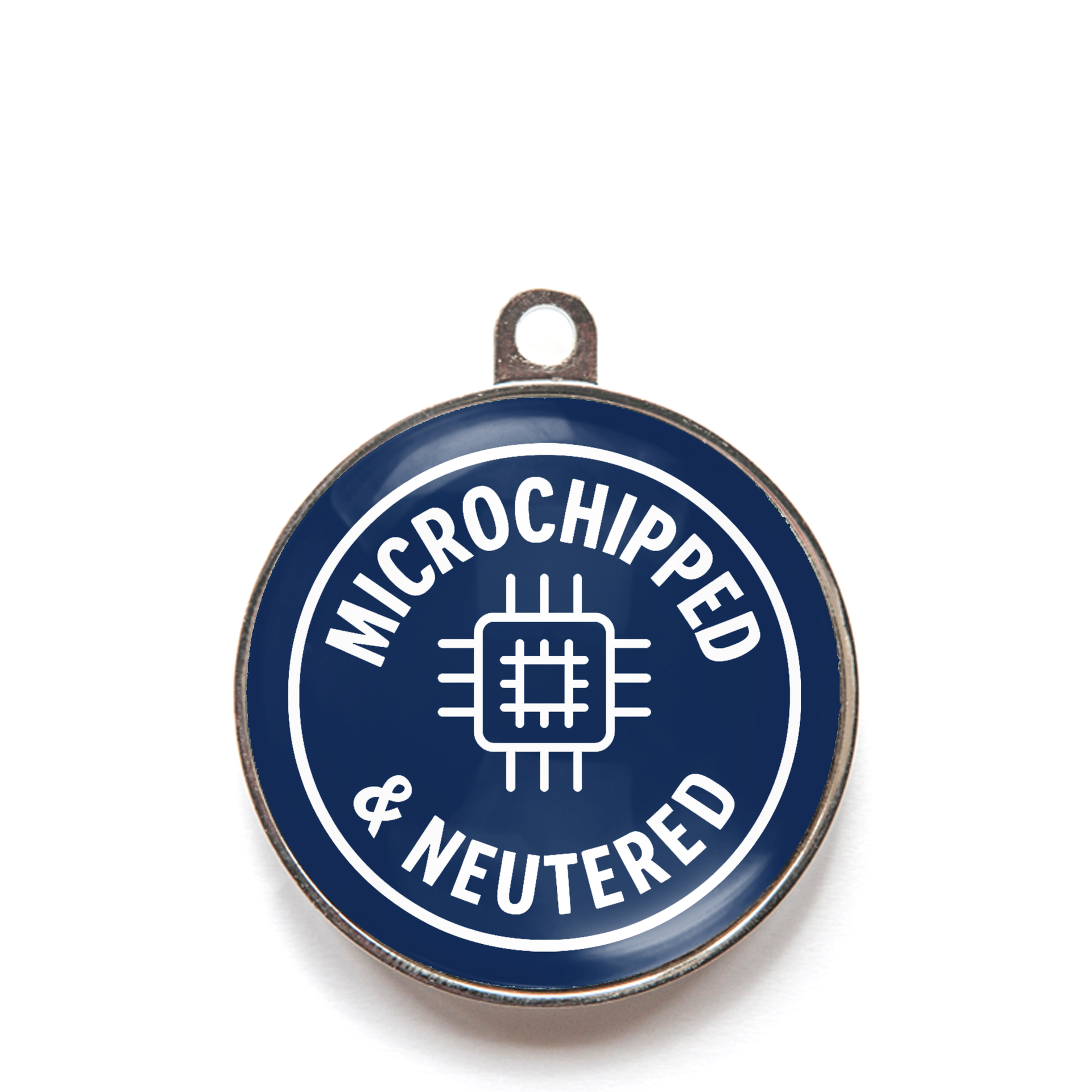 Blue microchipped and neutered dog ID tag with white chip icon