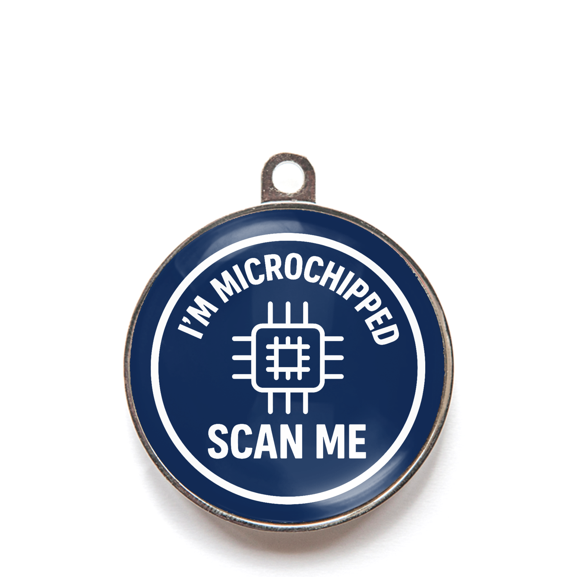 Blue I’m microchipped scan me dog ID tag with chip icon