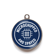 Blue microchipped and spayed dog ID tag with chip icon