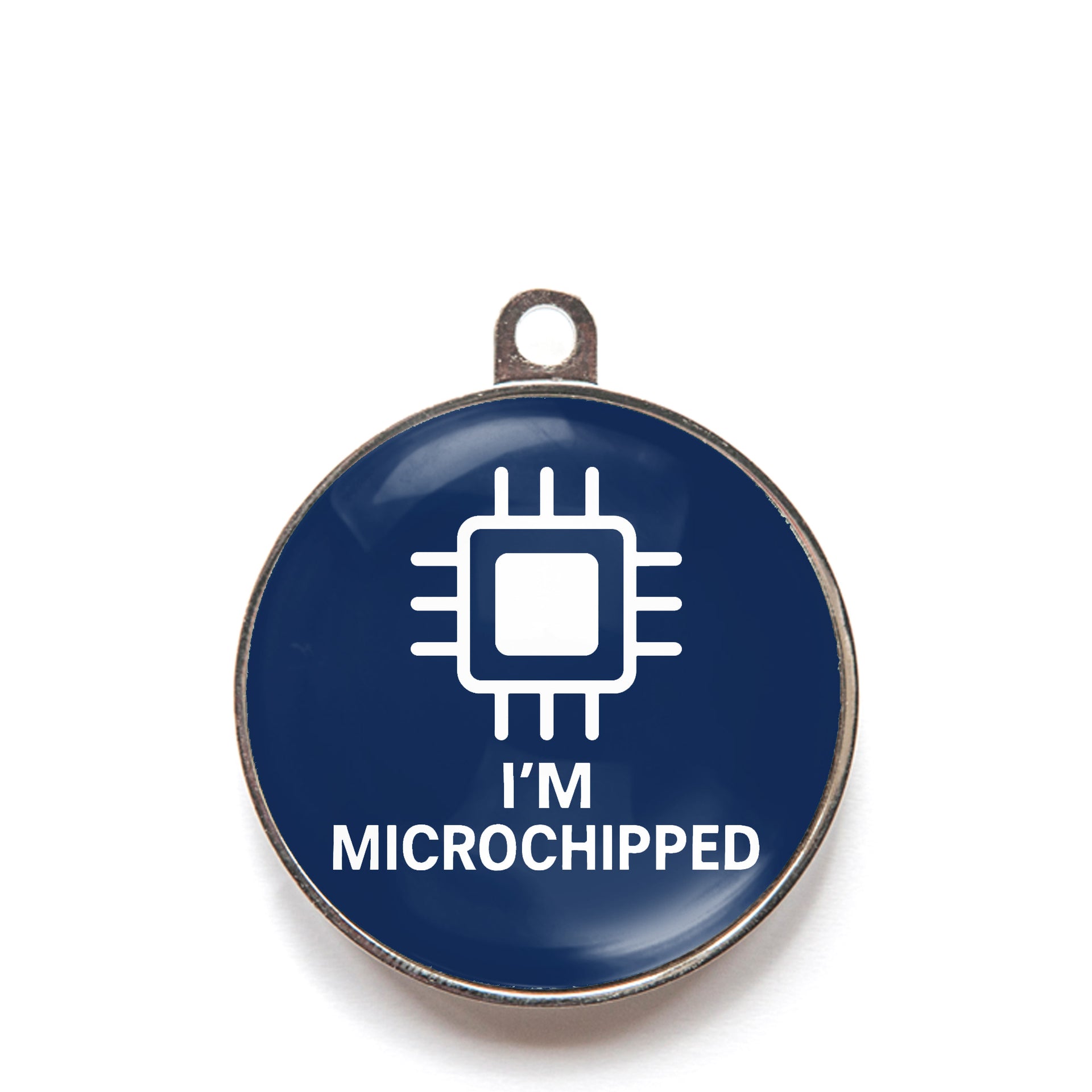 Blue I’m microchipped dog ID tag with chip icon