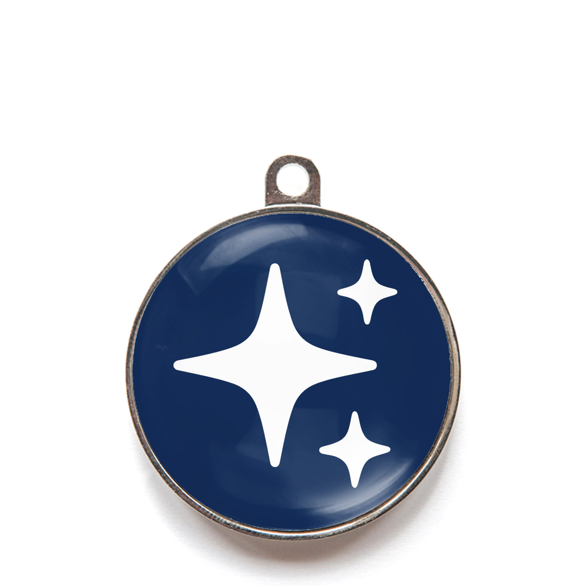 Blue sparkle dog ID tag with white sparkle icons