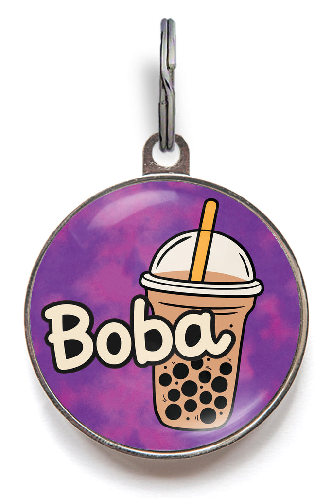 Boba tea dog tag featuring a cute bubble tea design – available in brown, purple, green, and pink – personalised ID tag for dogs and cats