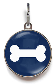 Navy blue classic bone dog ID tag with white bone icon