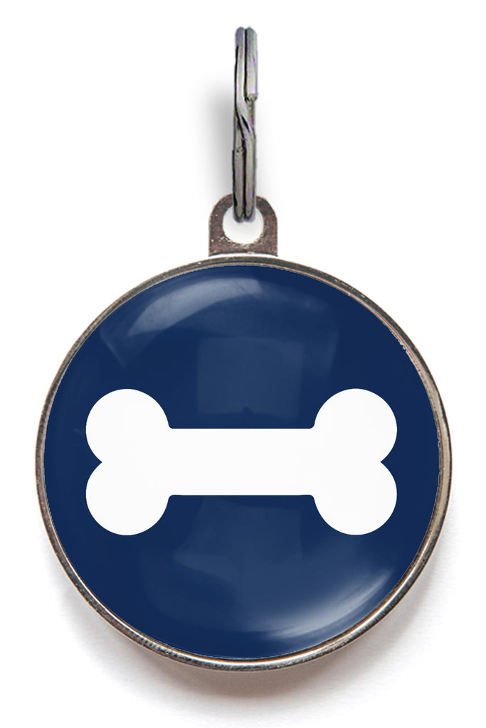 Navy blue classic bone dog ID tag with white bone icon