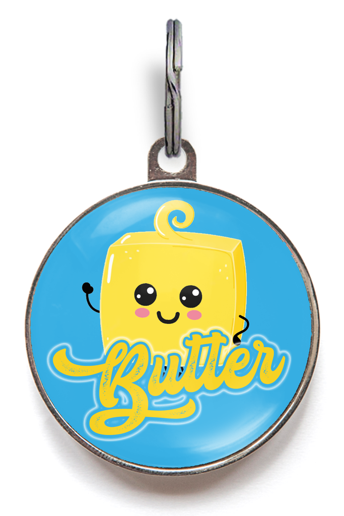 Butter Dog Tag For Dogs & Cats - Cute block of butter against a colourful background, featuring your pet's name