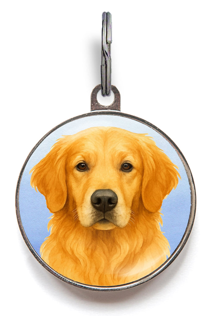 Golden Retriever dog tag with gentle watercolour portrait on mint background, lightweight double-sided pet ID tag
