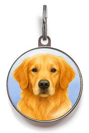 Golden Retriever dog tag with gentle watercolour portrait on mint background, lightweight double-sided pet ID tag