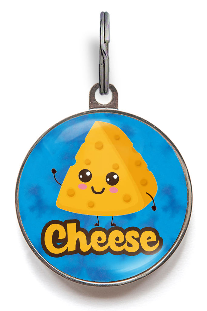 Cheese Pet Tag For Cats & Dogs featuring a smiling waving block of cheese with holes and your pet's name on a colourful background