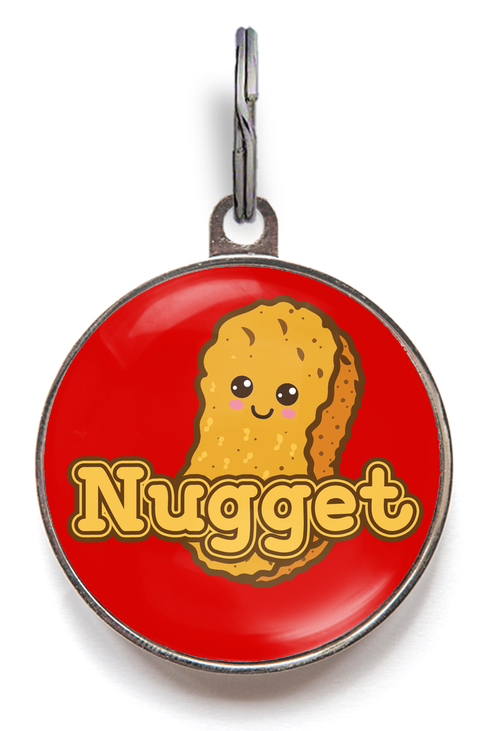 Chicken Nugget Pet Tag For Dogs & Cats on a colourful background.