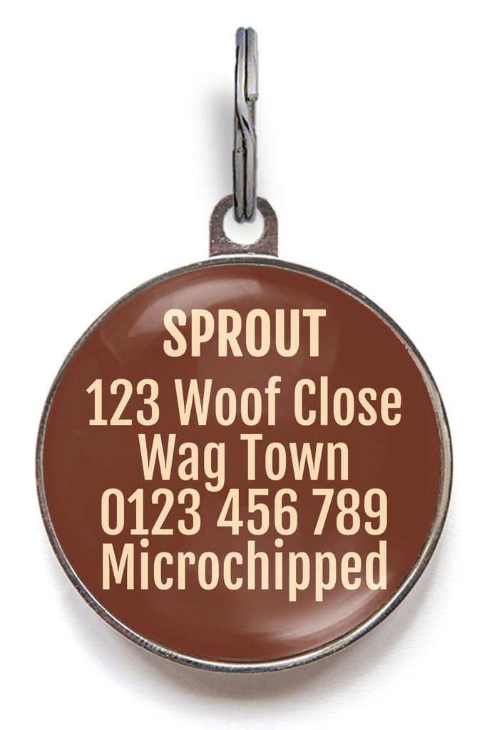 Back of chocolate bar pet tag - add up to 5 lines of text for your pet's important info
