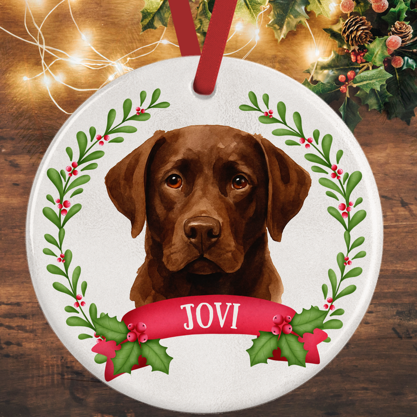 Personalised Lab Christmas keepsake with red ribbon