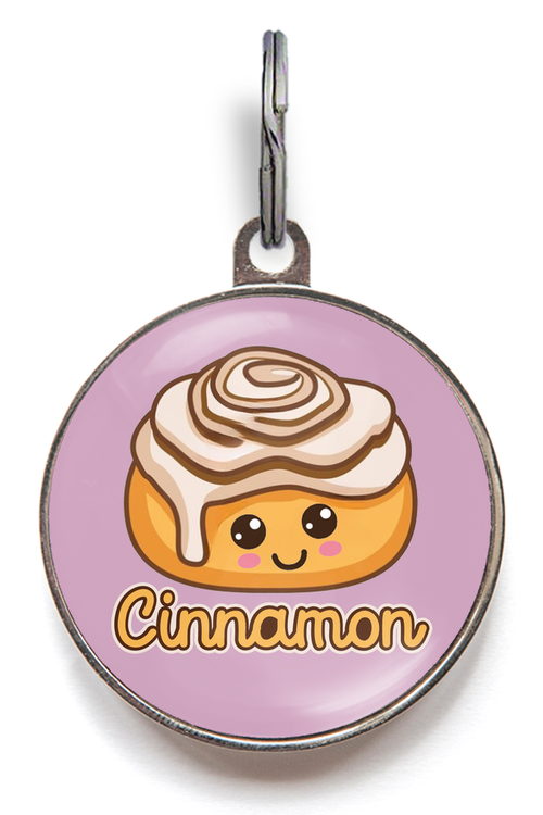 Cinnamon Roll Pet Tag - Cute smiling cinnamon roll topped with frosting on a colourful background