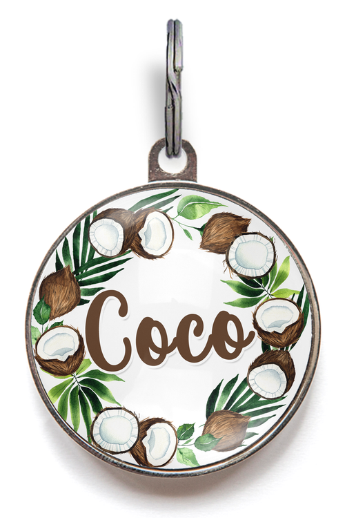 Coconut Pet Tag - Tropical style coconut wreath featuring your pet's name