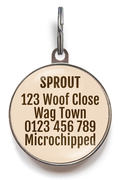 Example of contact information on back of coffee themed pet tag. 