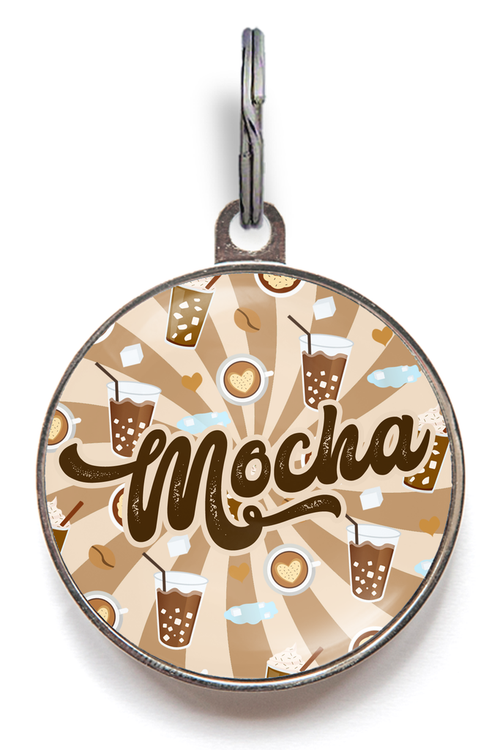 Coffee Dog Tag - Overlay your pet's name (name Mocha is shown) on a background of fun coffee cups and a milky sunburst background. 