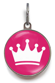 Pink princess crown dog ID tag with white crown icon and glossy resin finish