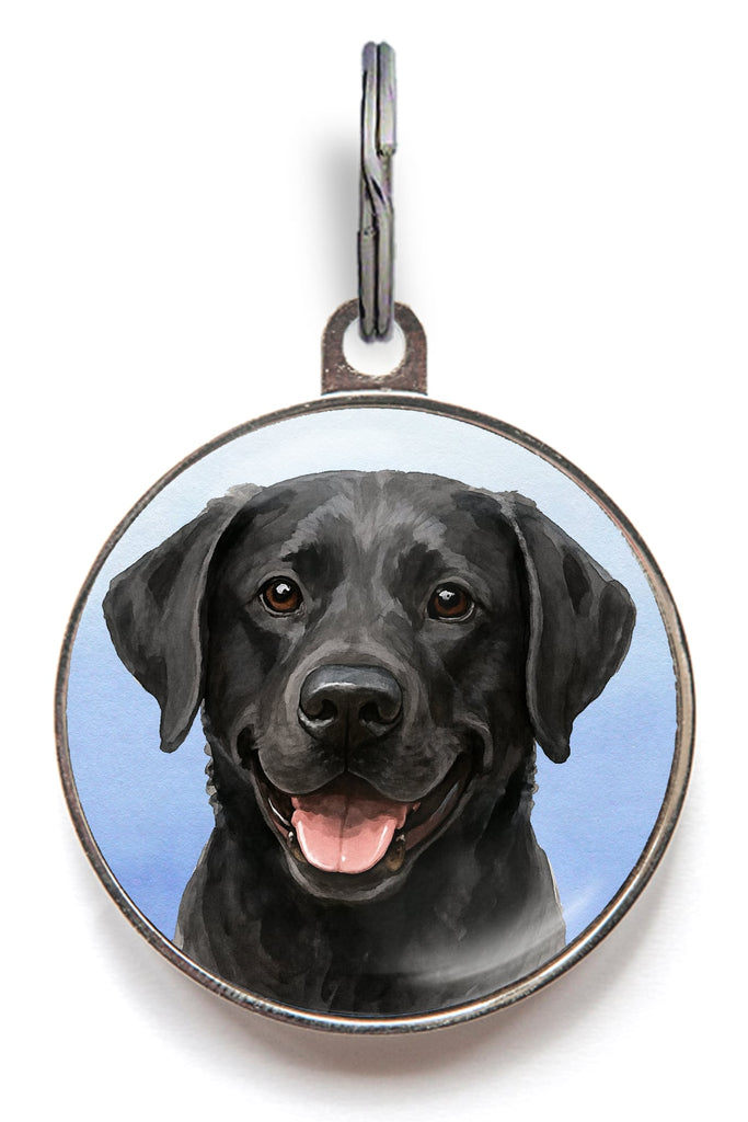 Black Labrador dog ID tag with realistic watercolor artwork on blue background, personalised metal pet tag