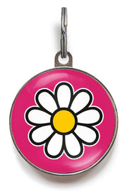 Pink daisy dog ID tag with white flower icon
