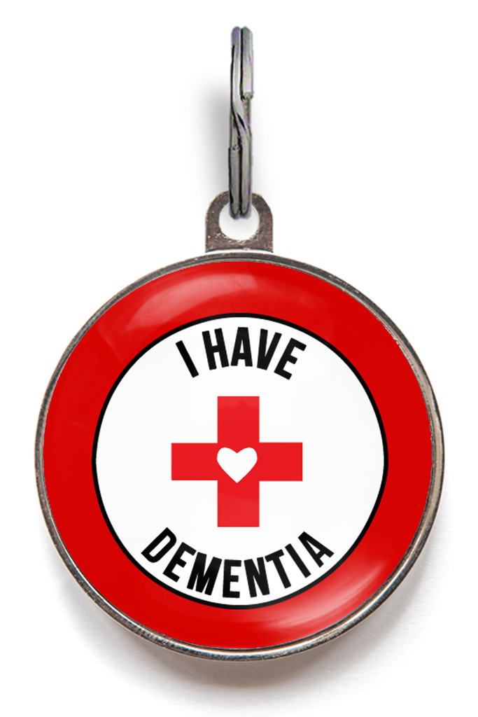 Dementia dog tag with the text “I Have Dementia” easily attached to a collar, designed for senior dogs