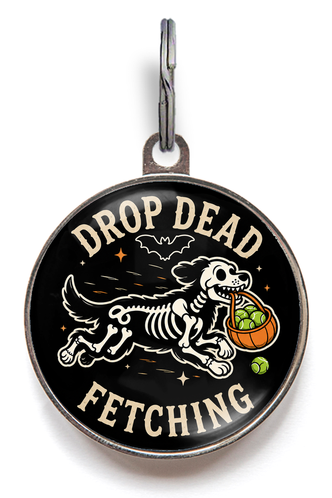 Drop Dead Fetching funny Halloween dog ID tag with skeleton dog and tennis balls