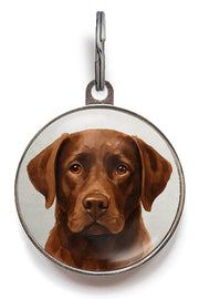 Round customised dog tag with a chocolate labrador in watercolour style portrait