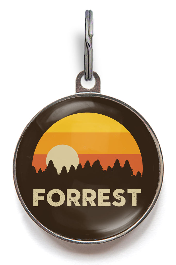 Personalised forest sunset dog tag with pet name – retro mountain and trees design for cats and dogs